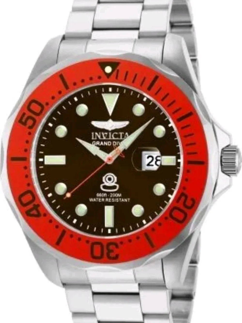 Invicta Men's Silver Stainless Steel Watch with Red Bezel and Black Dial 55mm